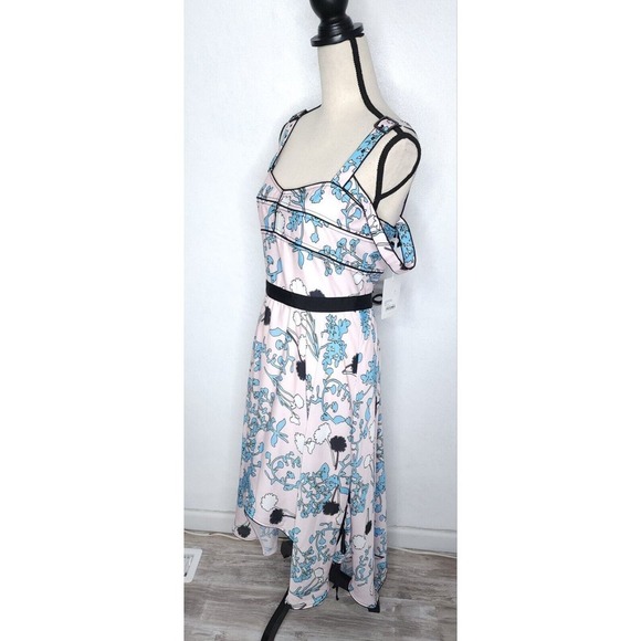 $405 Self Portrait Asymmetric Pink Floral Print Midi A Line Dress Size 10 NWT - Picture 6 of 16